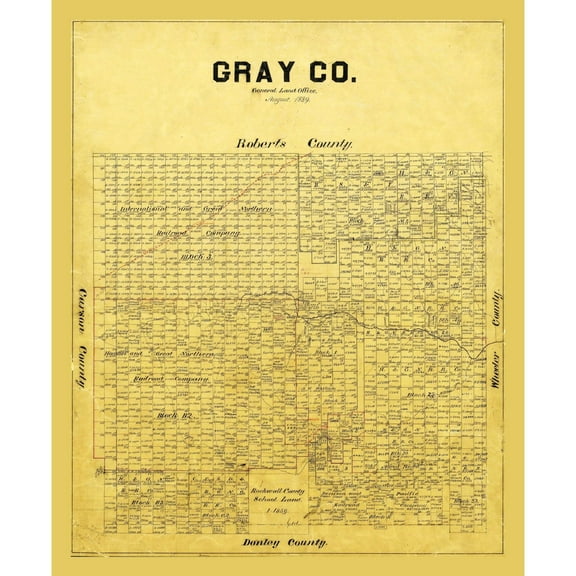 Historic County Map - Gray County Texas - General Land Office 1889 - 23 x 28.02 - Vintage Wall Art