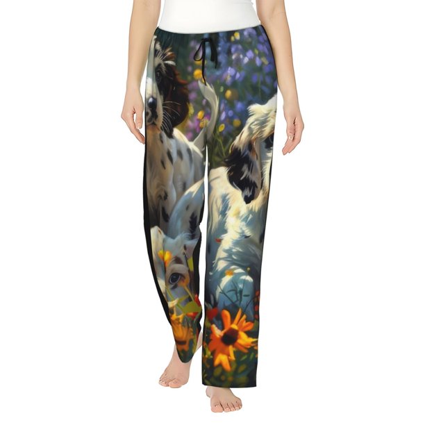 Fotbe Sunflower Field Spotted Dog Pantalones de Pijama para Mujer, Pantalones de Dormir, Pantalones Pj con Cordón y Bolsillos-3X-Large