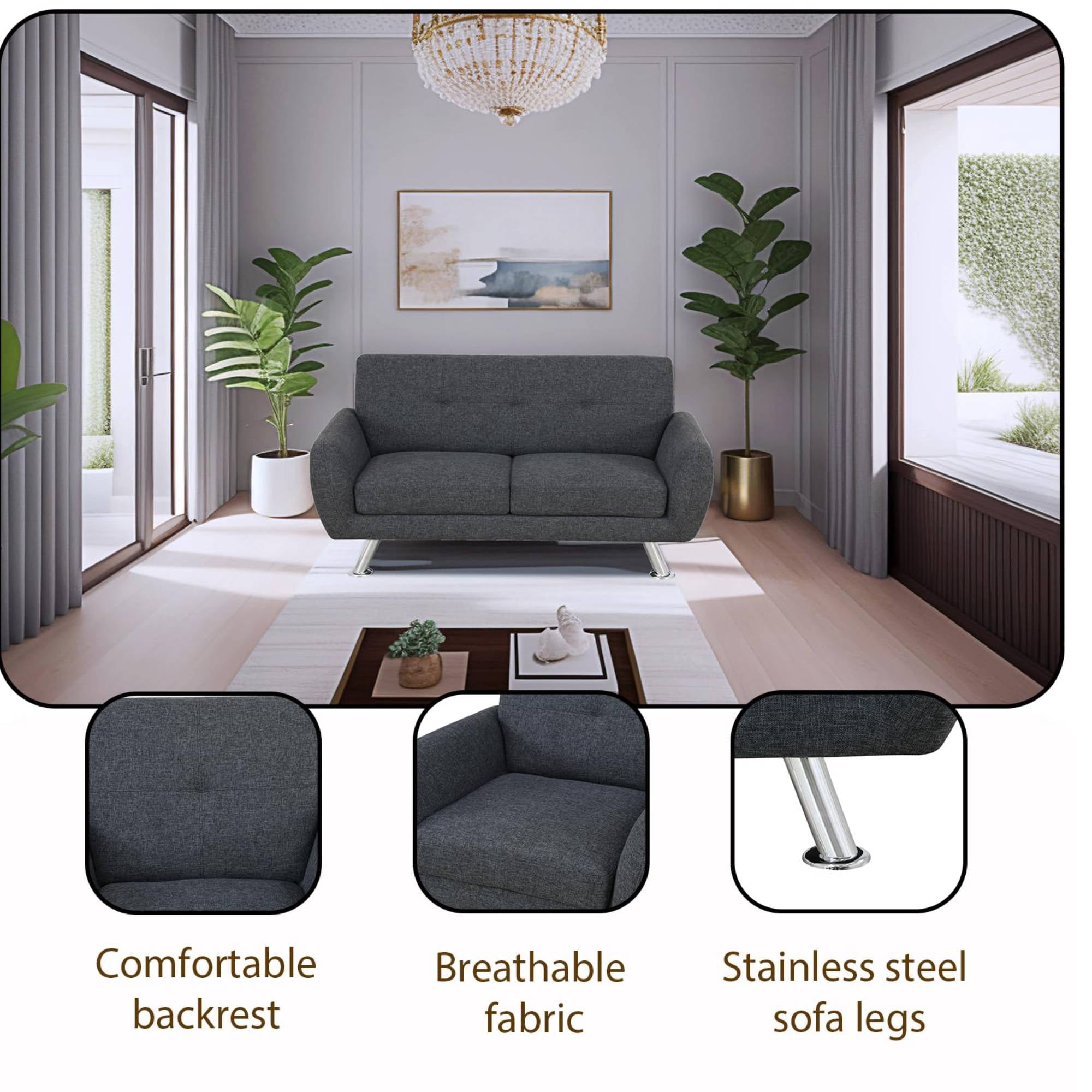 Mid Century Modern Sofa Couch 2 Seater Loveseat Chair with Metal Leg for Living Room Furniture, Black Grey
