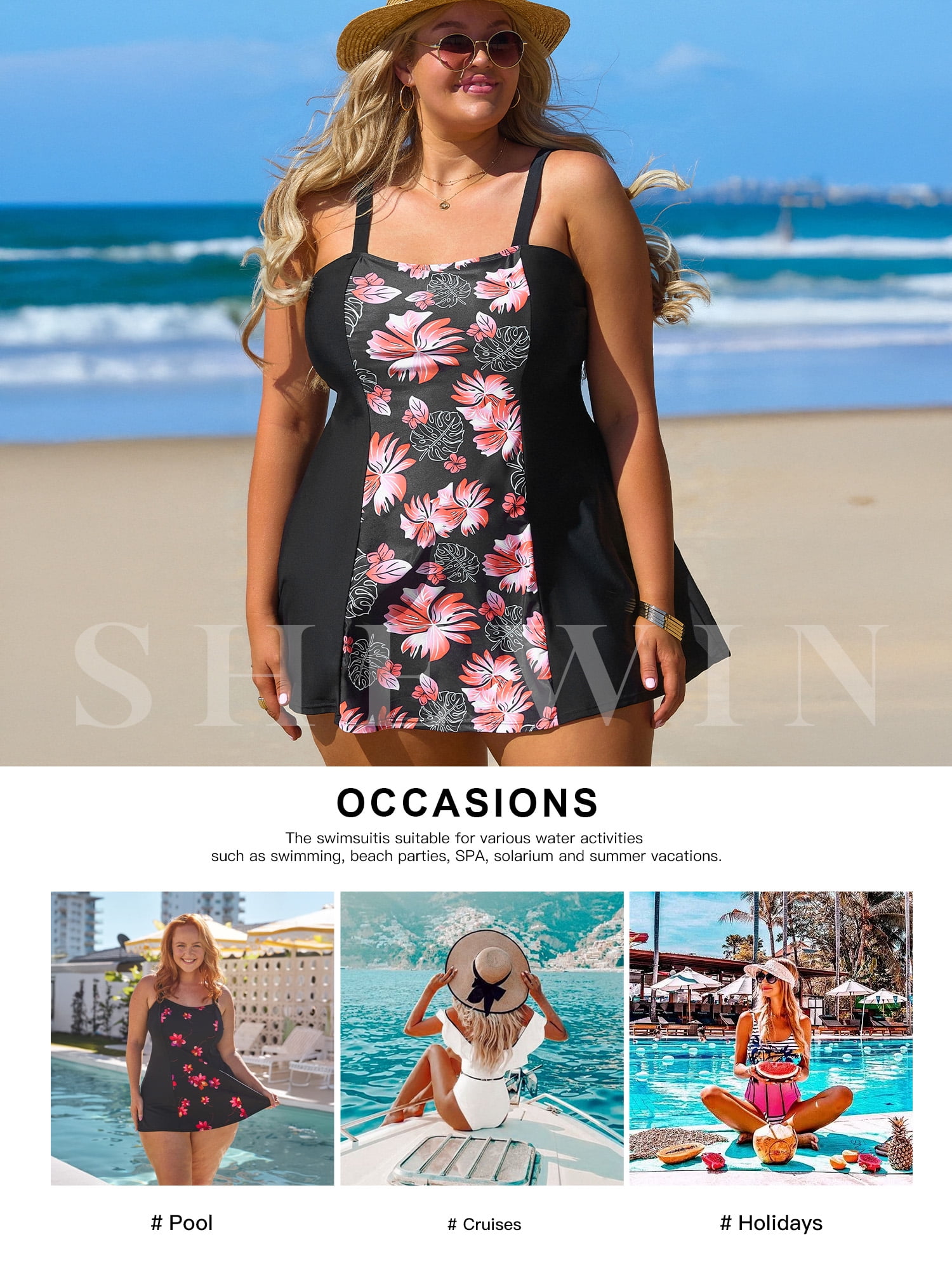 SHEWIN Plus Swimsuit for Woman One Piece Swimdress Tummy Control A-Line Swimdress Bathing Suit with Pockets Floral 1X