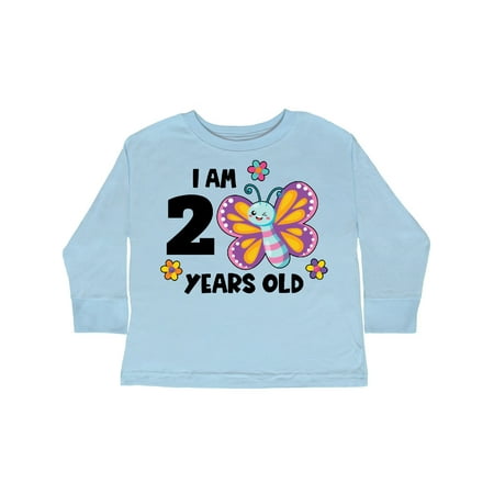 

Inktastic I am 2 Years Old Cute Smiling Butterfly with Flowers Gift Toddler Toddler Girl Long Sleeve T-Shirt