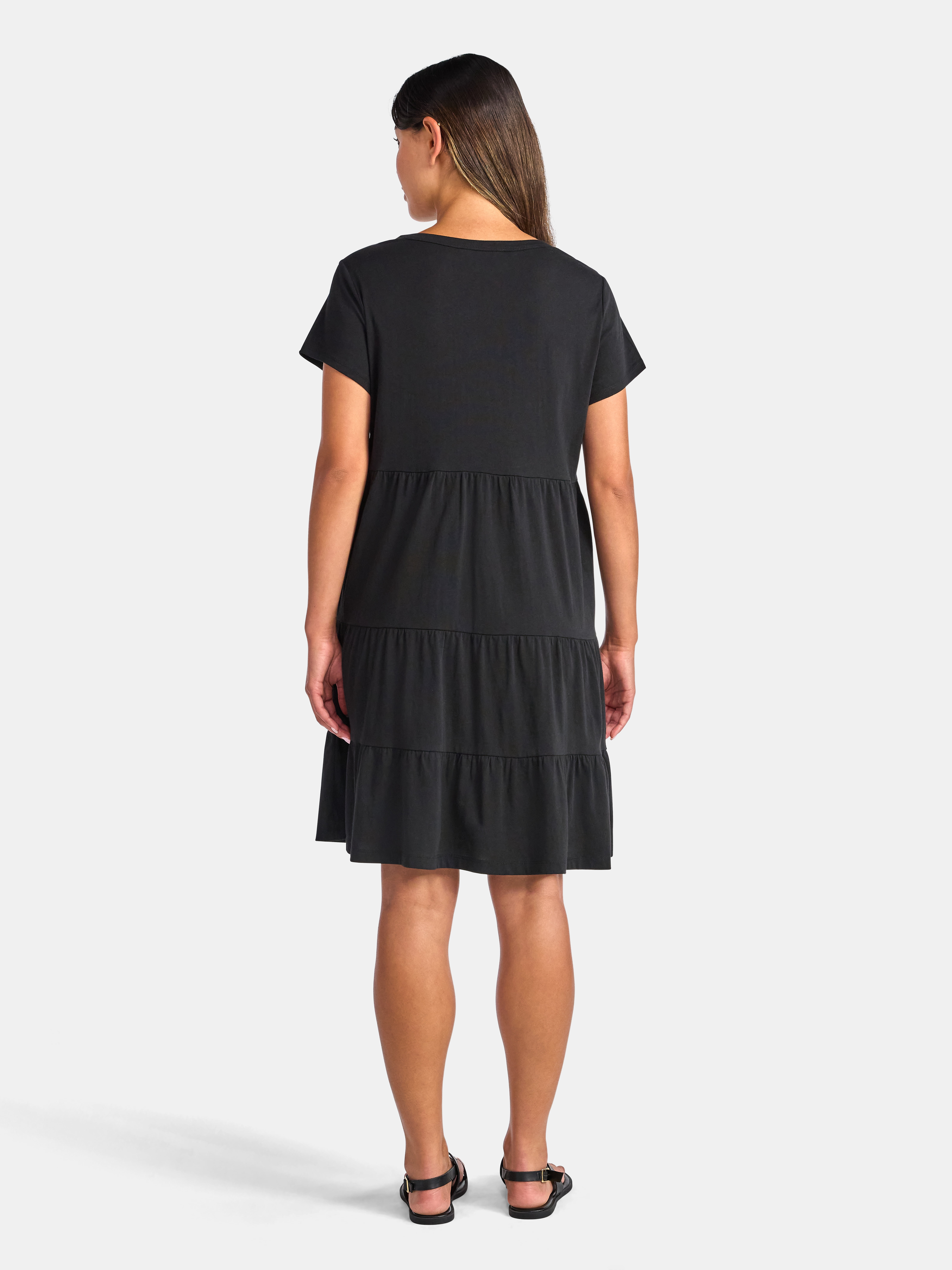 Time and Tru Women's Tiered Cotton Dress with Short Sleeves, Sizes XS-XXXL