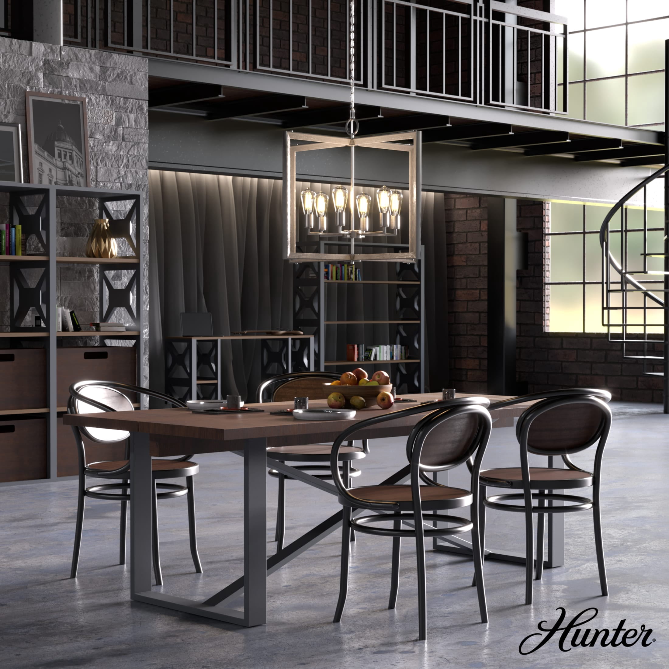 Hunter - Woodburn 6-light Brushed Nickel, Extra Large Pendant Light, Dimmable, Modern Style, Rectangle Shaped, for Bedrooms, Dining, Living Rooms - 19809