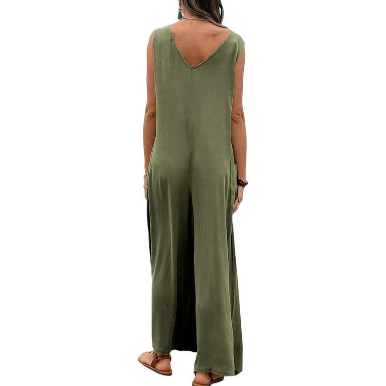 Karuedoo Women Baggy Wide Leg Jumpsuit One Piece Suspender Sleeveless Loose  Fit Romper Pants Overalls with Pocket Green S