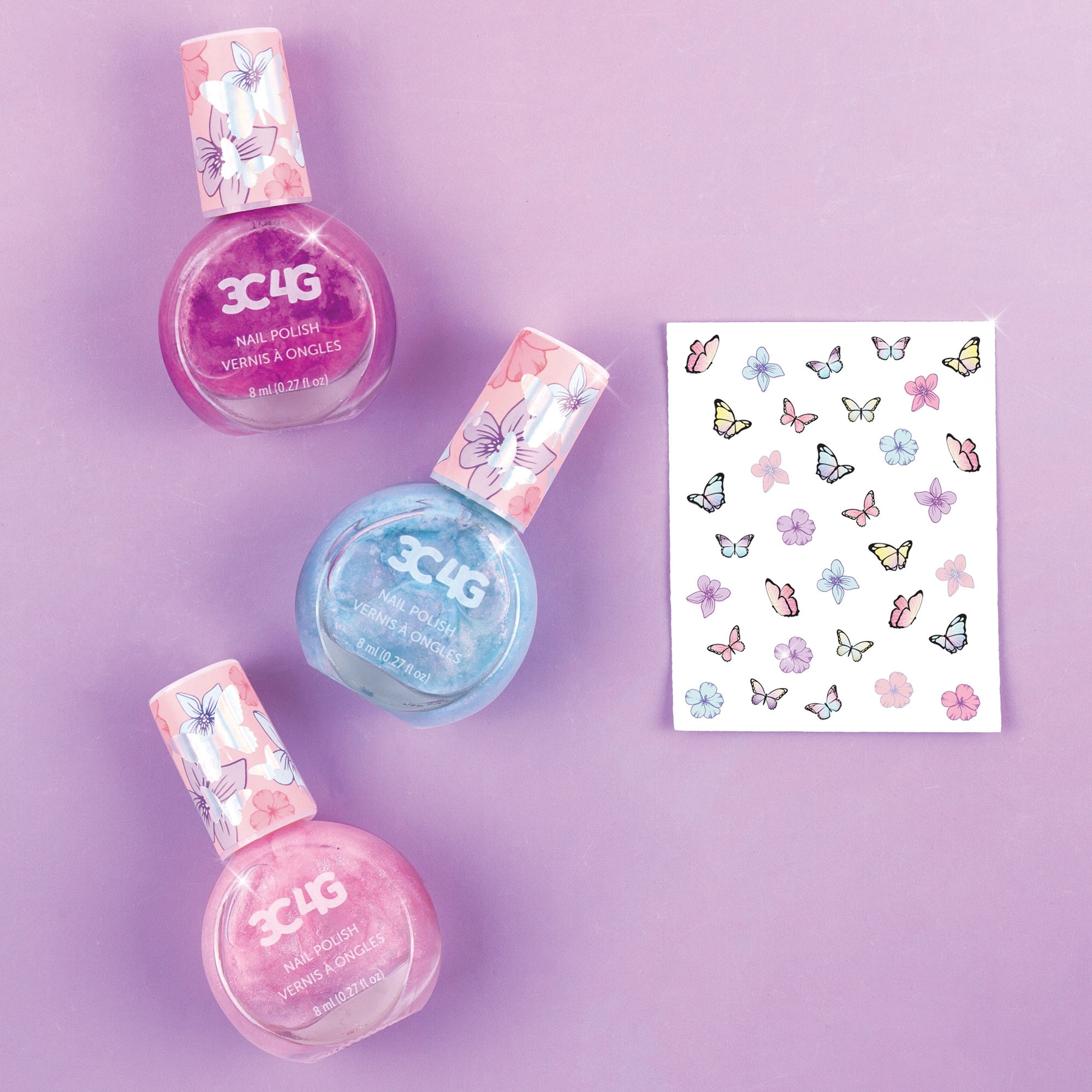 Three Cheers For Girls: Butterfly Nail Polish Trio - 3 Bottles W/ Butterfly Nail Stickers, Tweens & Girls, Non-Toxic Long-Lasting Polish, Soothing Shades, Pinks & Blue, Kids Ages 8+