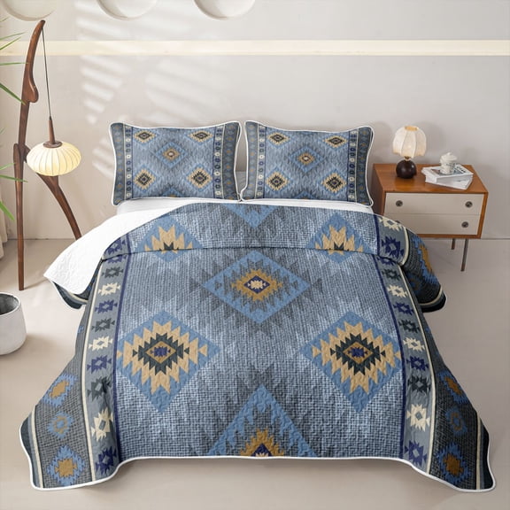 jejeloiu Aztec Geometric Rhombus Twin Quilt Set,Western Cowboy Tribal Twin Coverlet Set For Boys,Blue Beige,2pcs