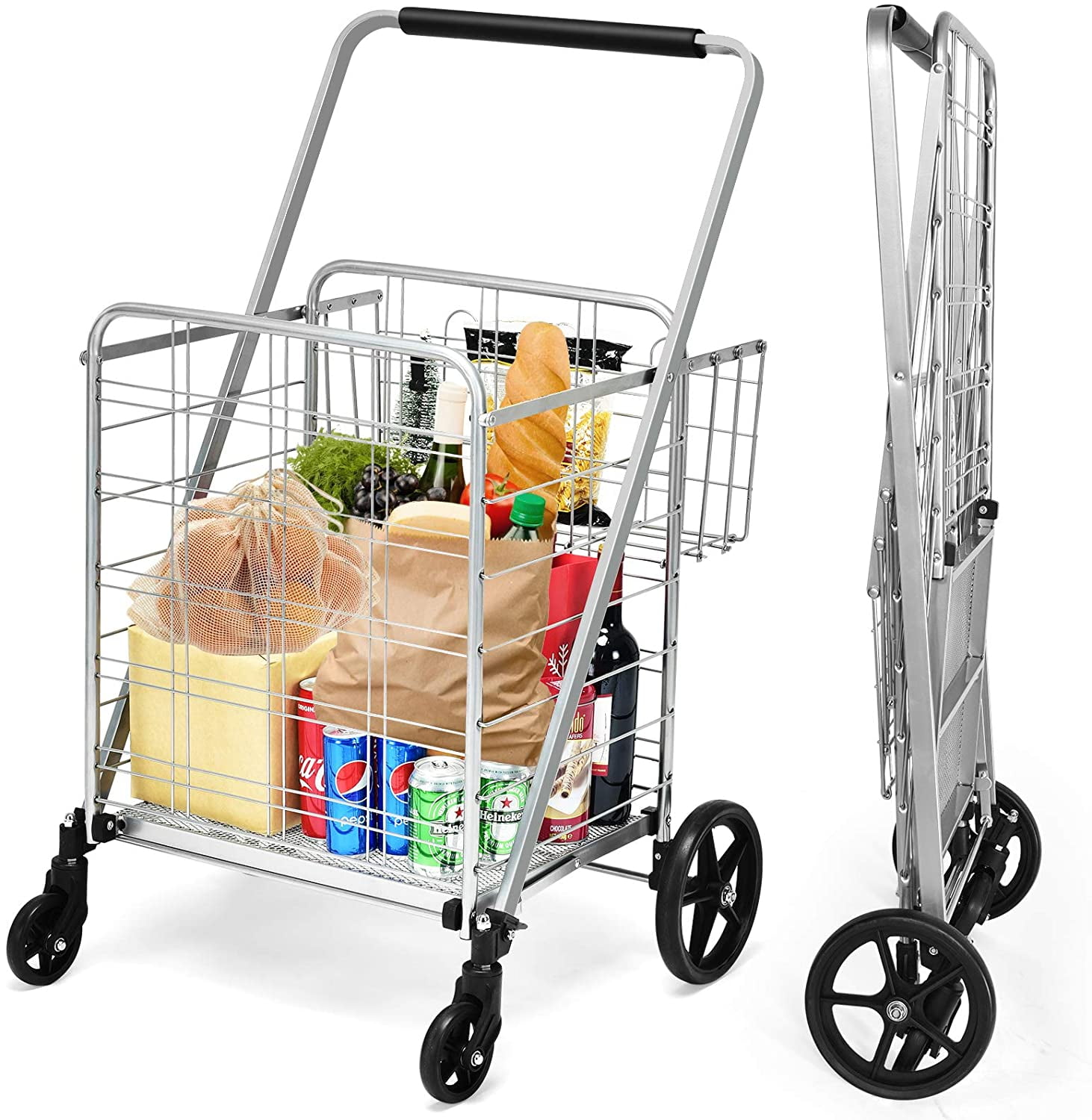 Silver Goplus Folding Shopping Cart Jumbo Double Basket Perfect for Grocery Laundry Book Luggage Travel with Swivel Wheels Utility Cart 