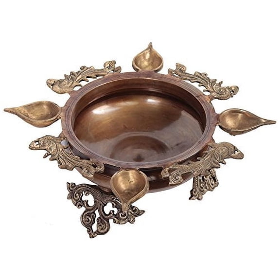 Exotic India Urli with Peacocks and Lamps - Brass Statue