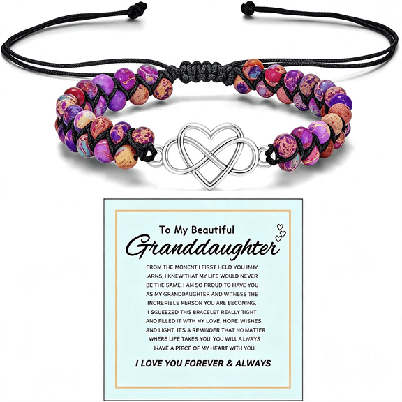 DESIGNICE to My Granddaughter-Infinity Forever Love Heart Bracelet,Natural Emperor Stone Double Layer Purple Beaded Woven Wrap Bracelets Adjustable Mind Peace Gift Jewelry