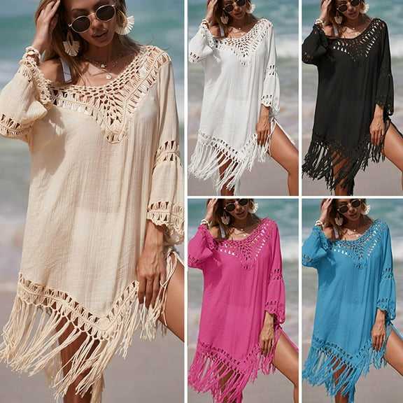 Jacenvly 2024 Beach Cover-Up Plus Size Soft Satiny Womens Bathing Suit Bikini Swimsuit Coverup Tassels Beach Crochet Loose Hollow Out Coverup Skirt Solid Casual Beige