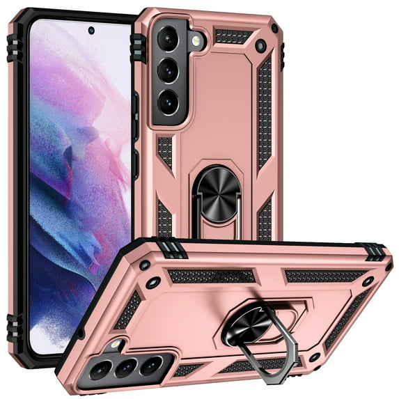 Feishell Hybrid Armor Phone Case for Samsung Galaxy S22+ 5G,Military Grade Shockproof 360 Rotatable Metal Ring Holder Kickstand Support Magnetic Car Mount Dual Layer Protective Phone Cover,Rosegold