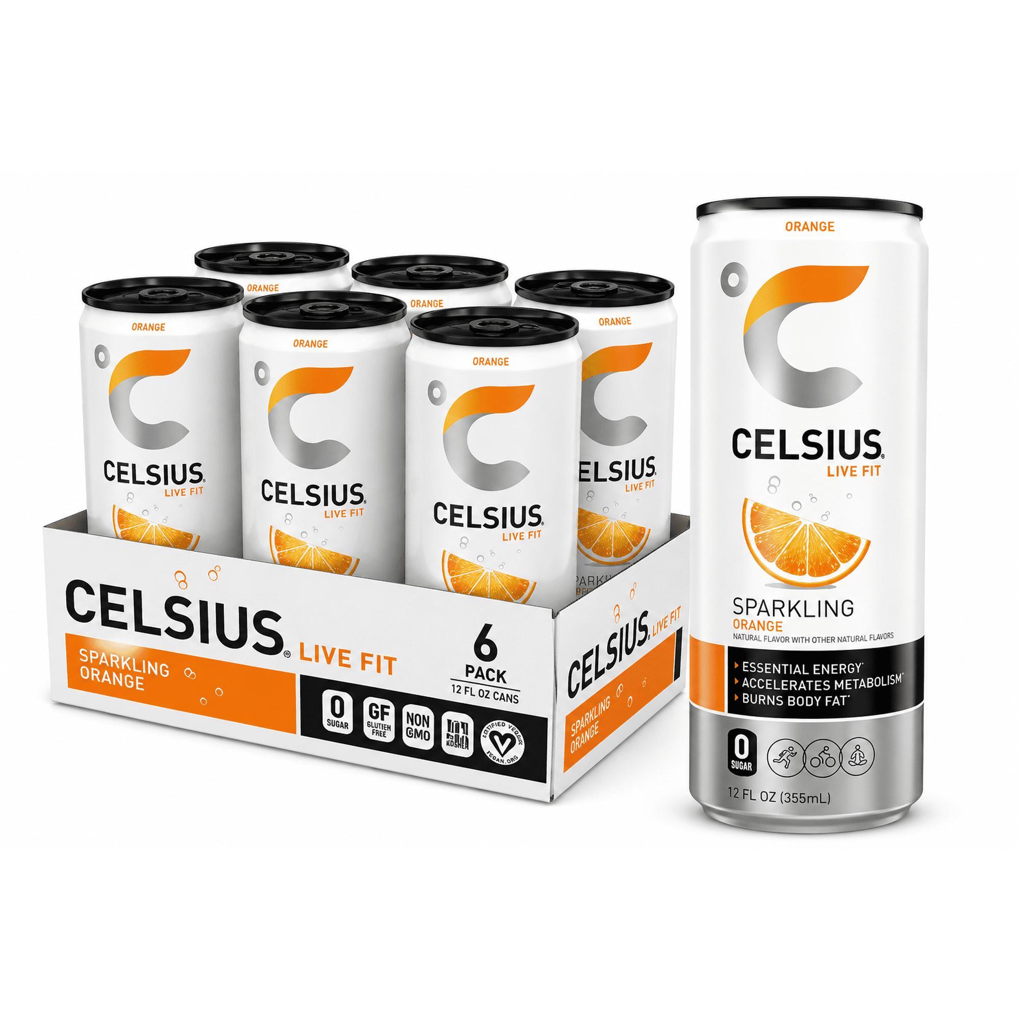 Celsius Sparkling Orange Fitness Drink, Essential Energy, 6 Pack, 12 fl oz Cans