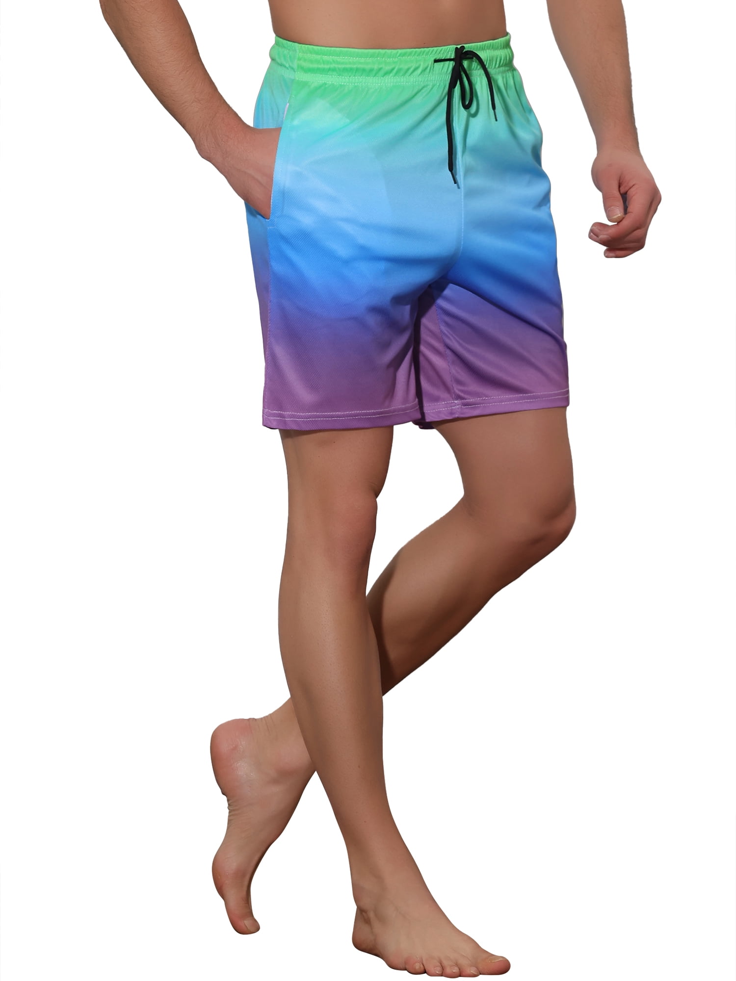 Unique Bargains Men's Contrast Color Summer Beach Colorful Swimwear Shorts 30 Green Blue