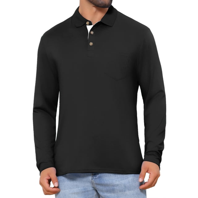 INSPIRE CHIC Camiseta Polo de Golf para Hombre con Botones Contrastantes, Cuello y Bolsillo, Manga Larga, Color Negro, Talla S