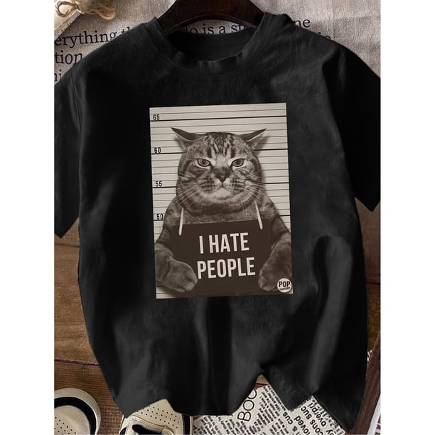 Camiseta negra de mujer para fiesta casual, estilo prisión divertido, emoticono de gato de moda 2026