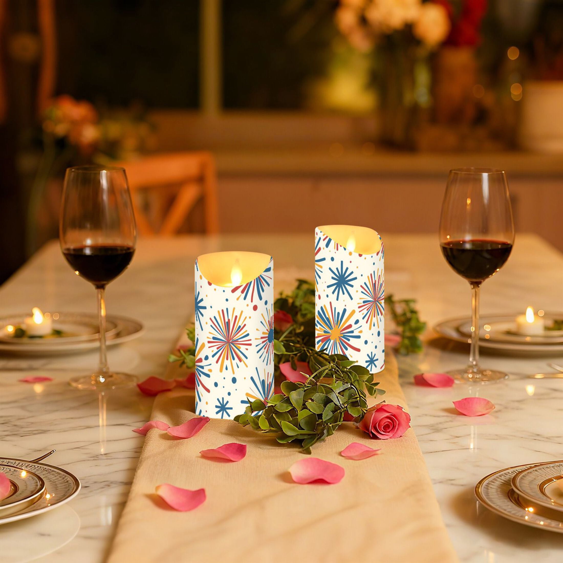 Cartoon Colorful Fireworks Flickering Flameless Candles with Remote Timer Battery Operated LED Tealight Set of 2 M