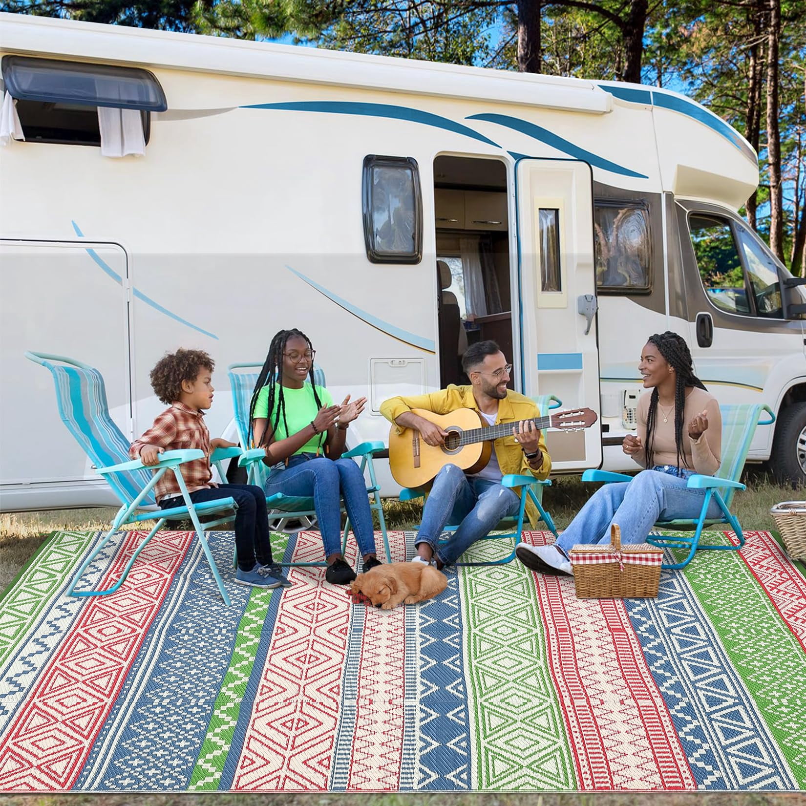 Reversible Outdoor Rugs 5x8 for Patios Clearance, Waterproof Mats for Porch, Deck, Plastic Straw Area Rugs for Backyard, Balcony,Red/Green/Blue
