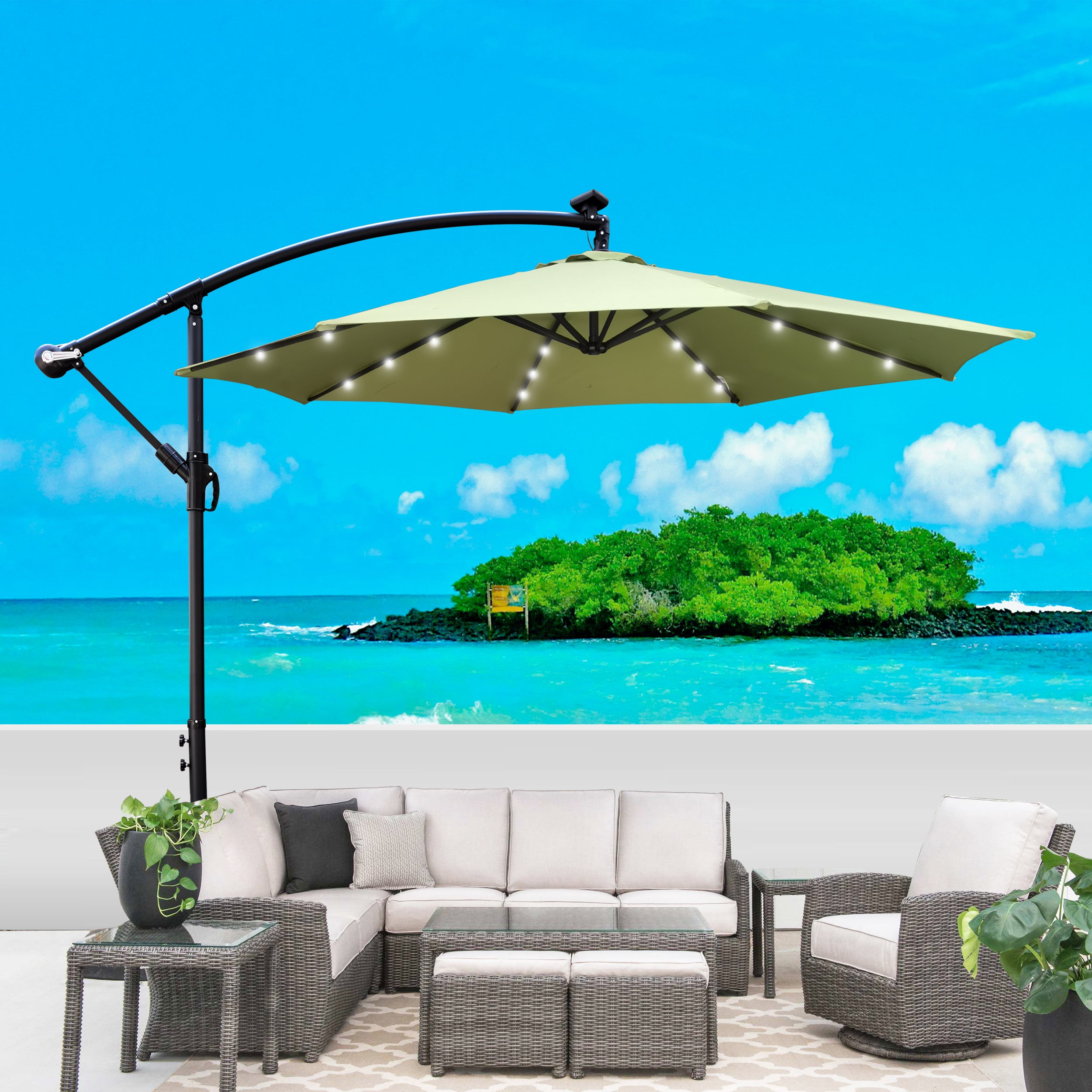 Jopath 10ft Patio Umbrella Solar Powered LED Lighted with Crank and Cross Base,Waterproof Market Umbrella for Garden Deck Backyard Pool Shade,Lime green
