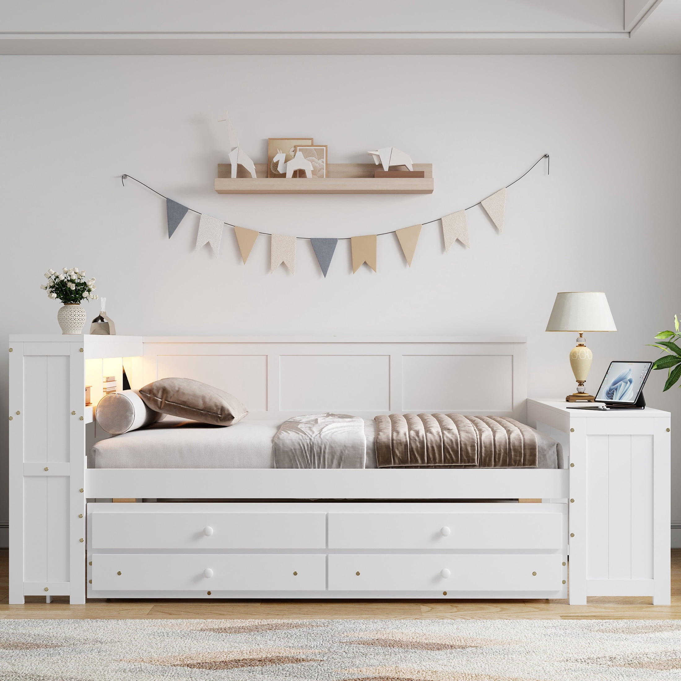 Noble House Maud Full Daybed with Trundle, Storage Shelves, Drawers, Charging Station, LED Light, Built-in Desk, White