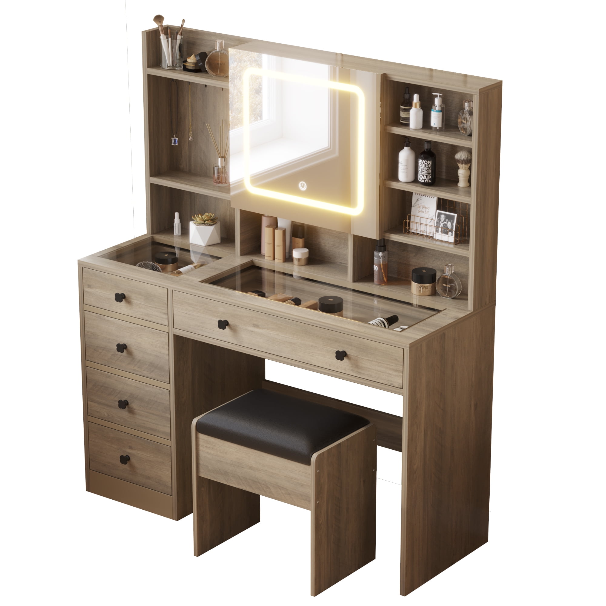 Ktaxon Large 47.2" Makeup Vanity with 3 Color Lights, Dressing Table with USB Charging Station, Gray