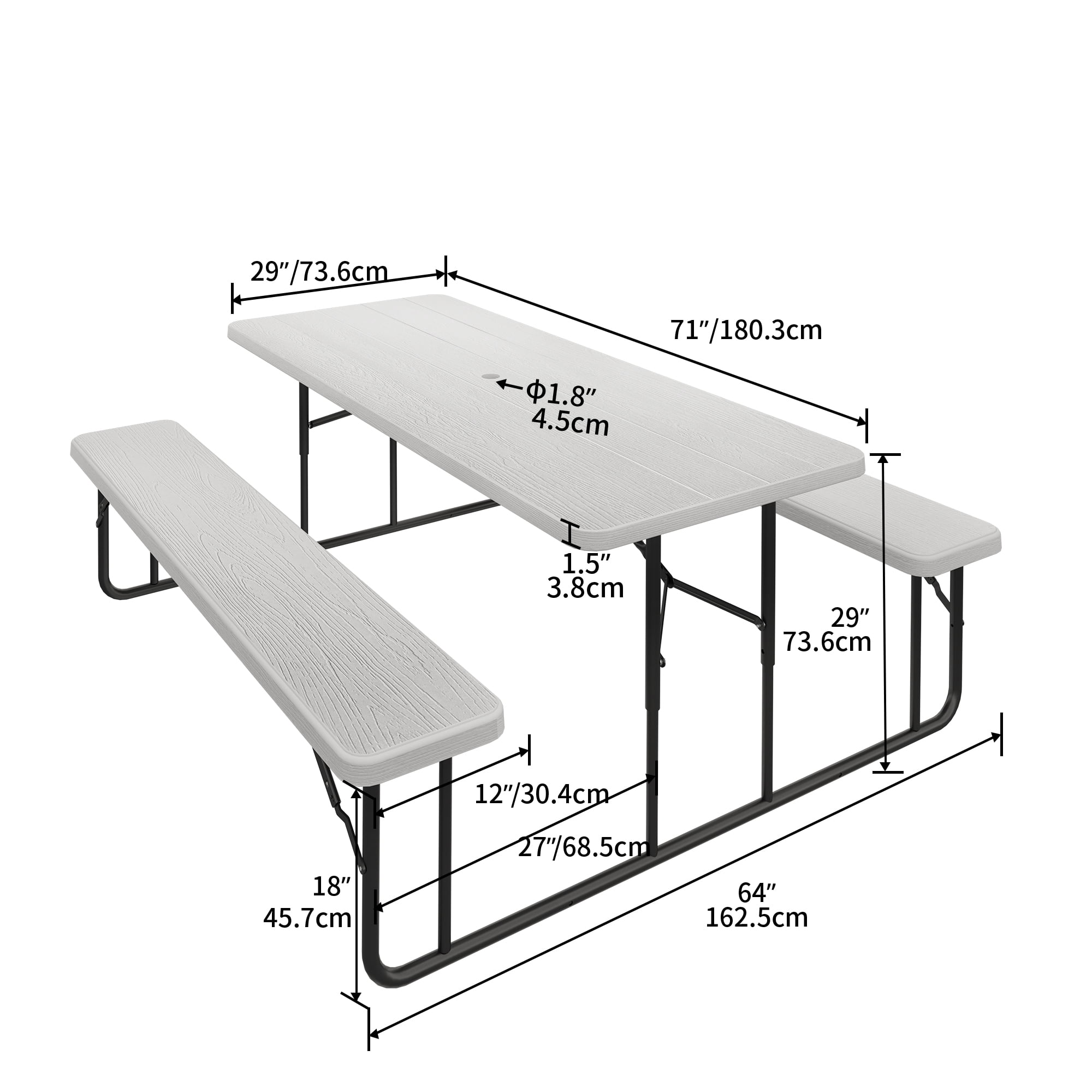 Dextrus 6ft Heavy Duty Outdoor Folding Picnic Table and Bench Resin Tabletop & Stable Steel Frame with Umbrella Hole for Yard Patio Lawn Party, White