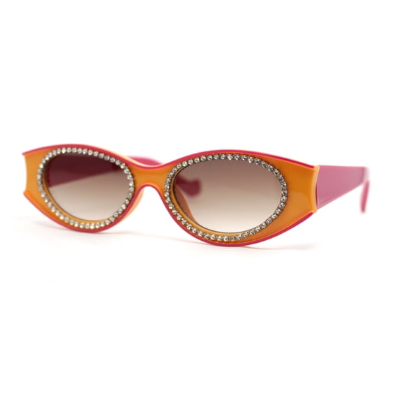 Womens Jewel Rhinestone Oval Glitter Concave Mid Temple Sunglasses Orange Fuchsia - Brown