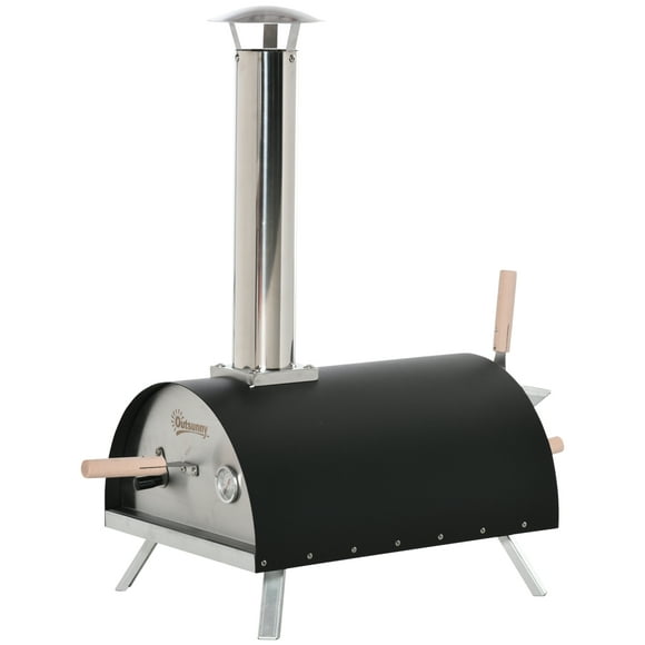 Outsunny Outdoor Portable Pizza Oven Pellet Pizza Maker Grill w/ Foldable Legs Thermometer Pizza Stone Anti-scald Handles Stainless Steel Body, for Garden Backyard Camping Cooking