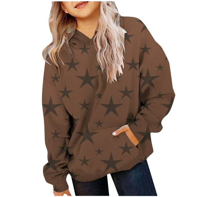 FAOWME Sweat à Capuche Imprimé à Manches Longues pour Filles, Café 11-12 Ans