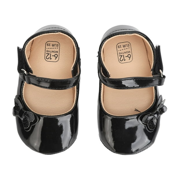 Zapatos de bebé con lazo de PU artificial, decoración, lisos, elegantes, de princesa, para bebés recién nacidos de 6 a 12 meses, color negro, 12 cm/4,7 pulgadas