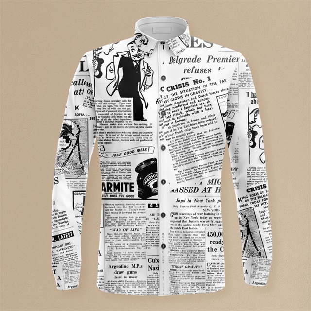 Camisa de manga larga con estampado de periódicos, ropa de vacaciones diaria, camisa unisex con transferencia térmica