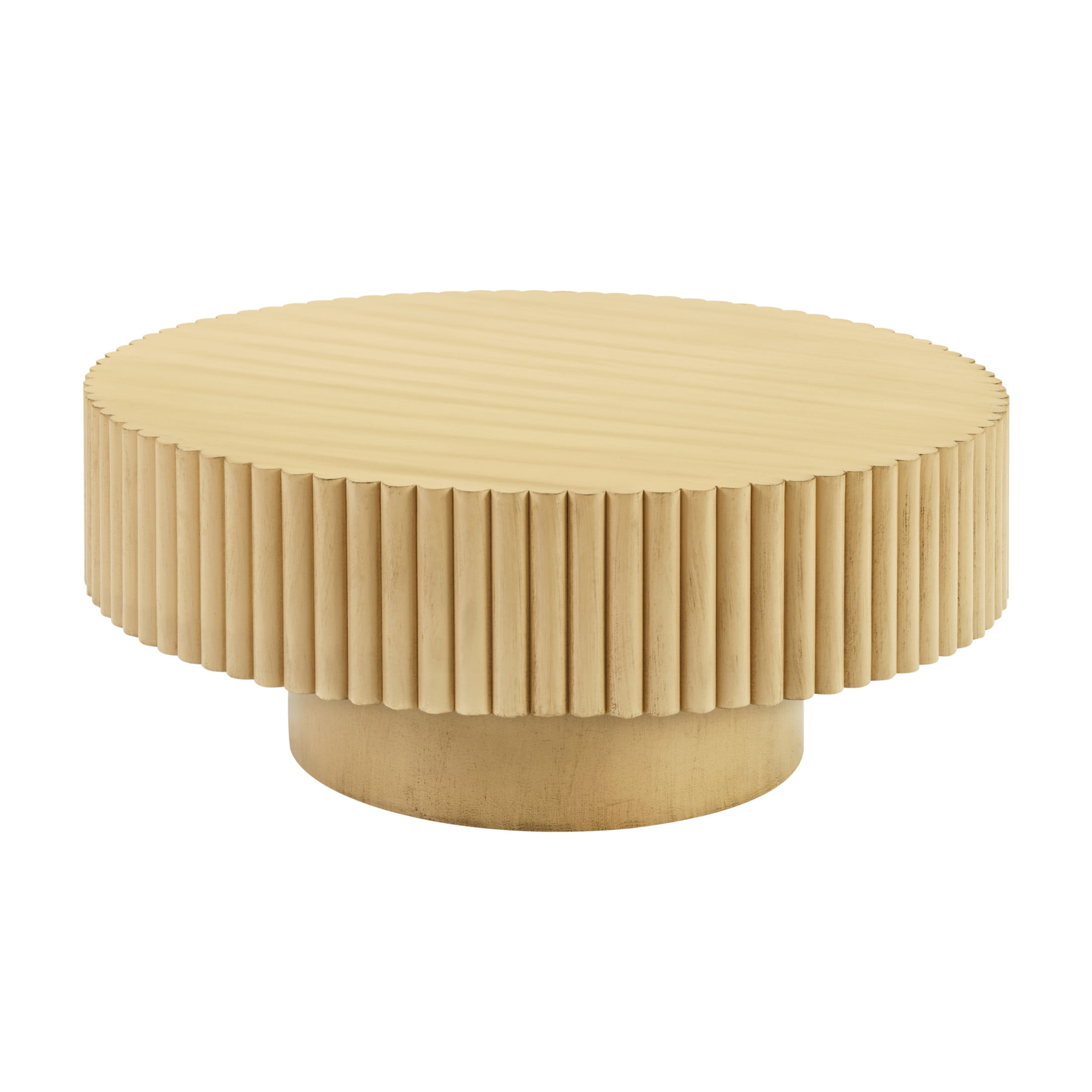 Noble House 31.5" Round Fluted Drum Coffee Table, Solid Wood Modern Center Table for Living Room, Natural