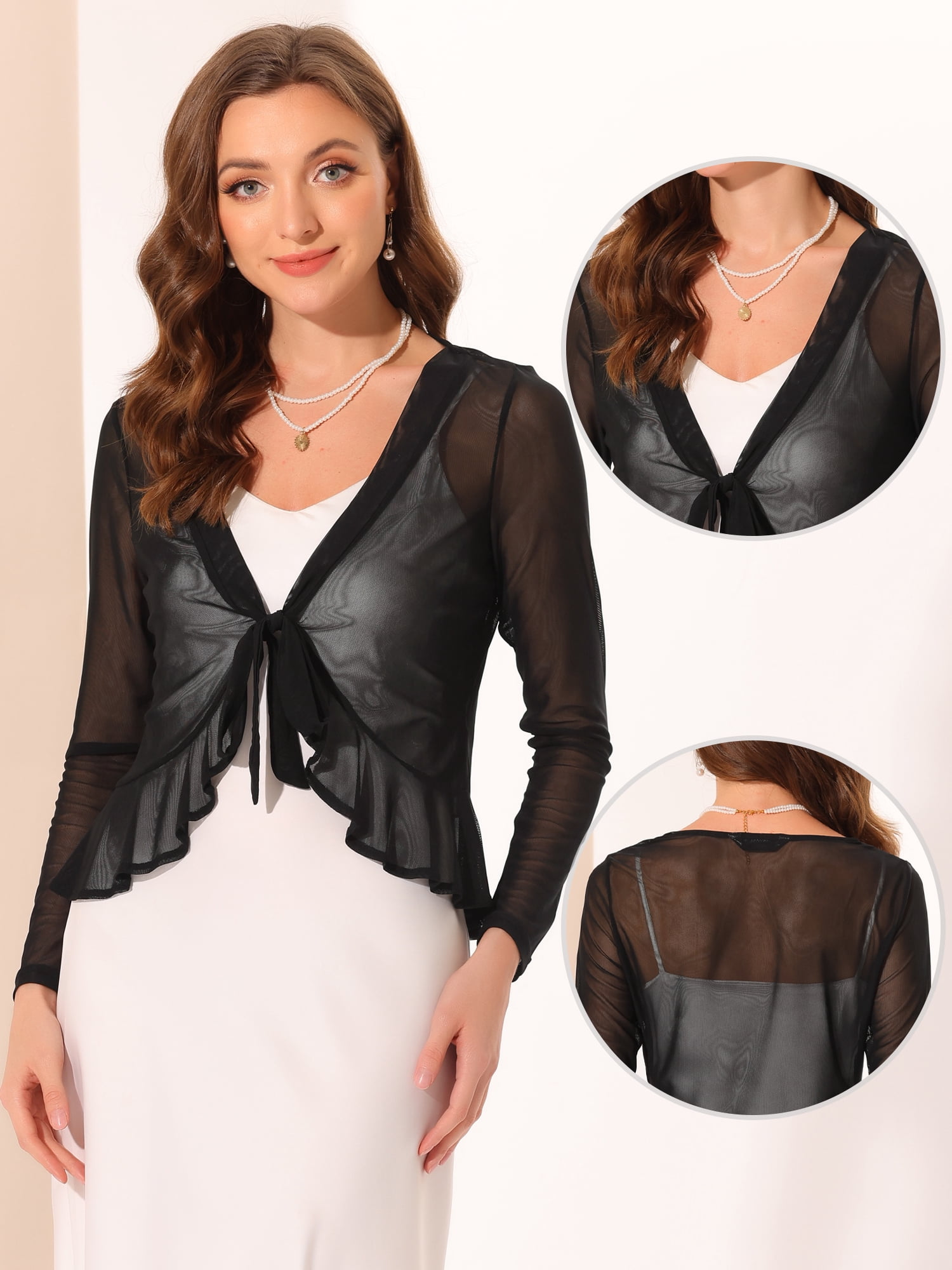 DARING DIVA Women's Ruffle Mesh Shrug Long Sleeves Self Tie Bolero Cardigan L Black