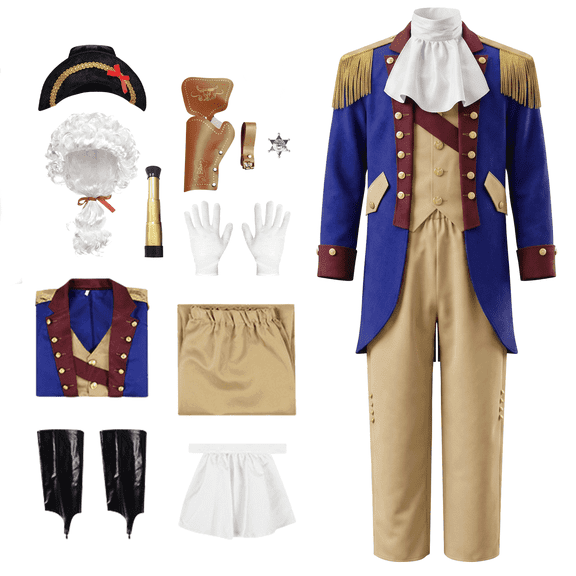 Alaiyaky George Costume Historical Halloween Costume Musical Uniform with Jacket, Pants, Hat, Ascot, Gloves, Wig, Bow Tie for Halloween DressUp Party