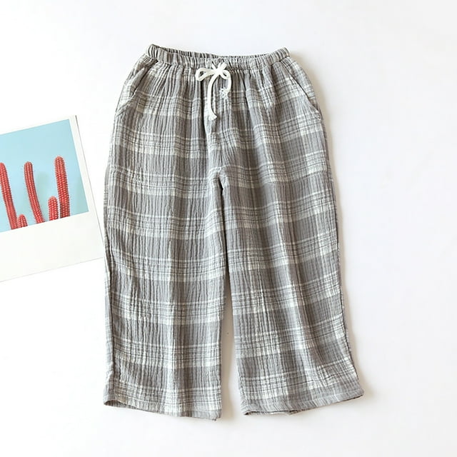 Men's Pajama Pants Casual Style Lightweight Plaid Design Drawstring Long Bottoms for Home Relaxation