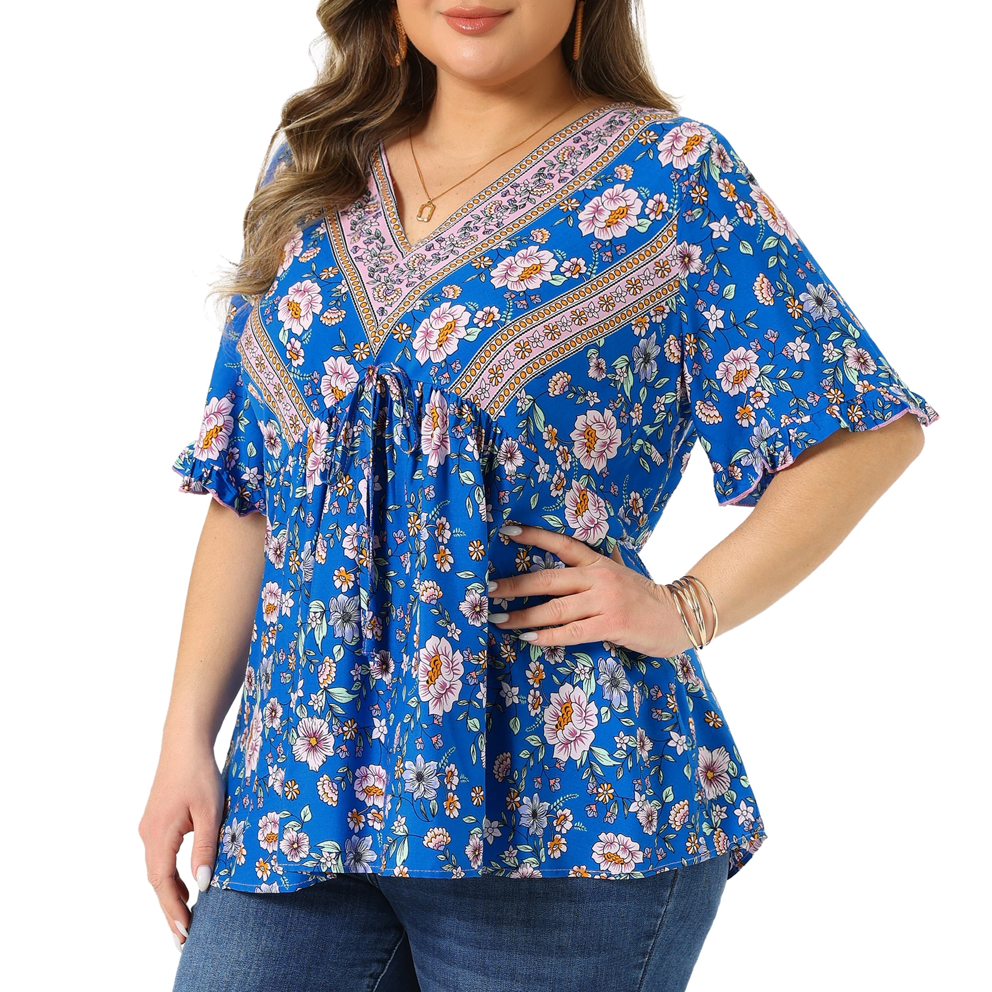 DARING DIVA Women's Plus Floral Print V Neck Boho Casual Loose Blouse 2X Blue