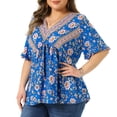 thumbnail image 2 of DARING DIVA Women's Plus Floral Print V Neck Boho Casual Loose Blouse 1X Blue, 2 of 6