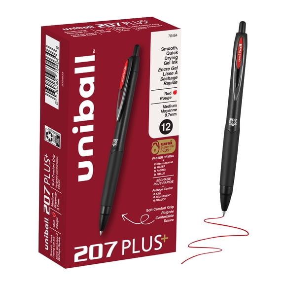 uniball™ 207 Plus  Retractable Gel Pens, Medium Point, 0.7mm, Red Ink, 12 Count