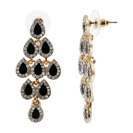 Jewel Drop - Gem Avenue Gold Tone Teardrop Black Enamel Post Back Dangle Earrings