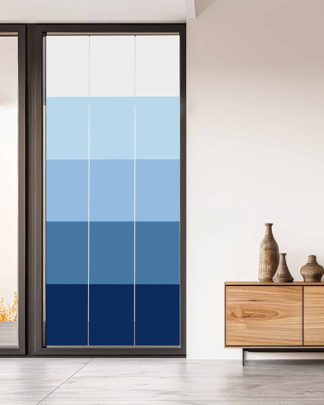 Window Privacy Film, Ombre Blue Grey UV Sun Blocking Window Tint Film Heat Control One Way Blackout Window Film, Simple Modern Farmhouse Stripes Non Adhesive Static Cling Window Sticker 35.4x78.7 In