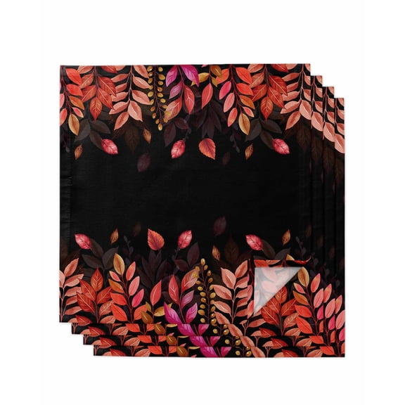 Red Leaf Cloth Napkins Set of 4 Reusable Dinner Napkins, Fall Plant Country Vintage Watercolor Black Cocktail Napkin Washable Table Napkins for Wedding/Holiday Party/Baby Shower 20"x20"