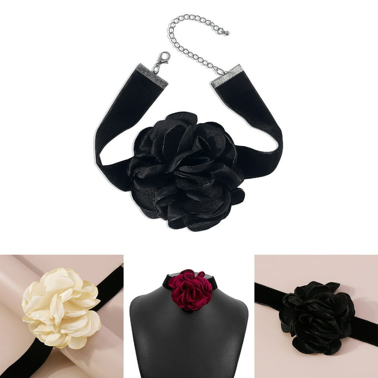 Satin Flower Choker Necklace Women's Black