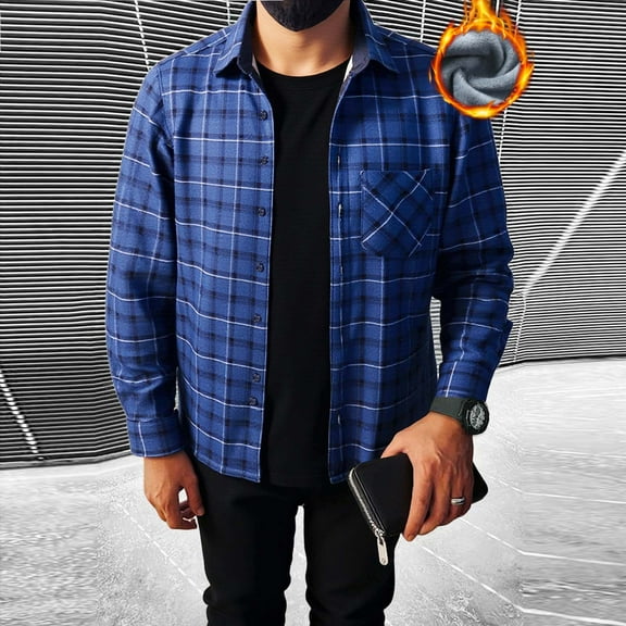 Yusimy Men's Plaid Shirt Long Sleeve Button-Up Collar Flannel Shirt with Pockets Fleece-Lined Warm Casual Style