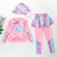 thumbnail image 2 of FINALGANG Girls Cartoon Print Three Piece Rash Guard Set Ruffle Long Sleeve Crewneck Top Pants Skirt With Hat Stretchy Swimsuit For Daily Beach Pool Swim Wear Stylish Swimwear, 2 of 7