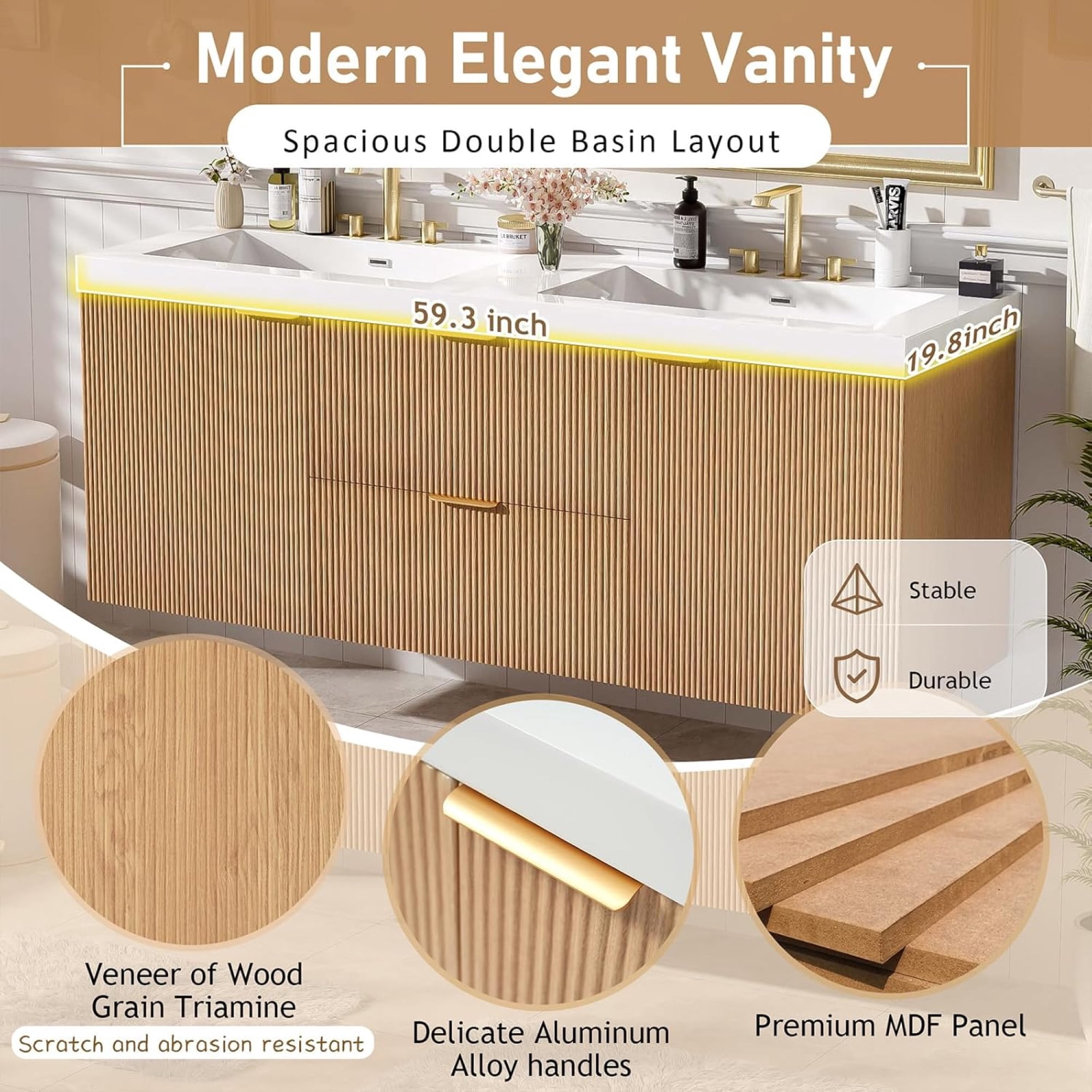 60" Bathroom Vanity with Sink Combo, Floating Double Sink Bathroom Vanity with 4 Drawer, MDF Storage Cabinet with SMC Resin Top, Wall-Mounted Bathroom Vanities (60''-Wood)