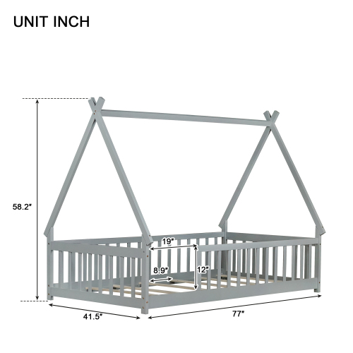Bellemave Twin Size Floor Bed, Teepee Tent Bed Beds, Twin Montessori Floor Bed with Guardrails, Wood House Bed with Slats, Grey