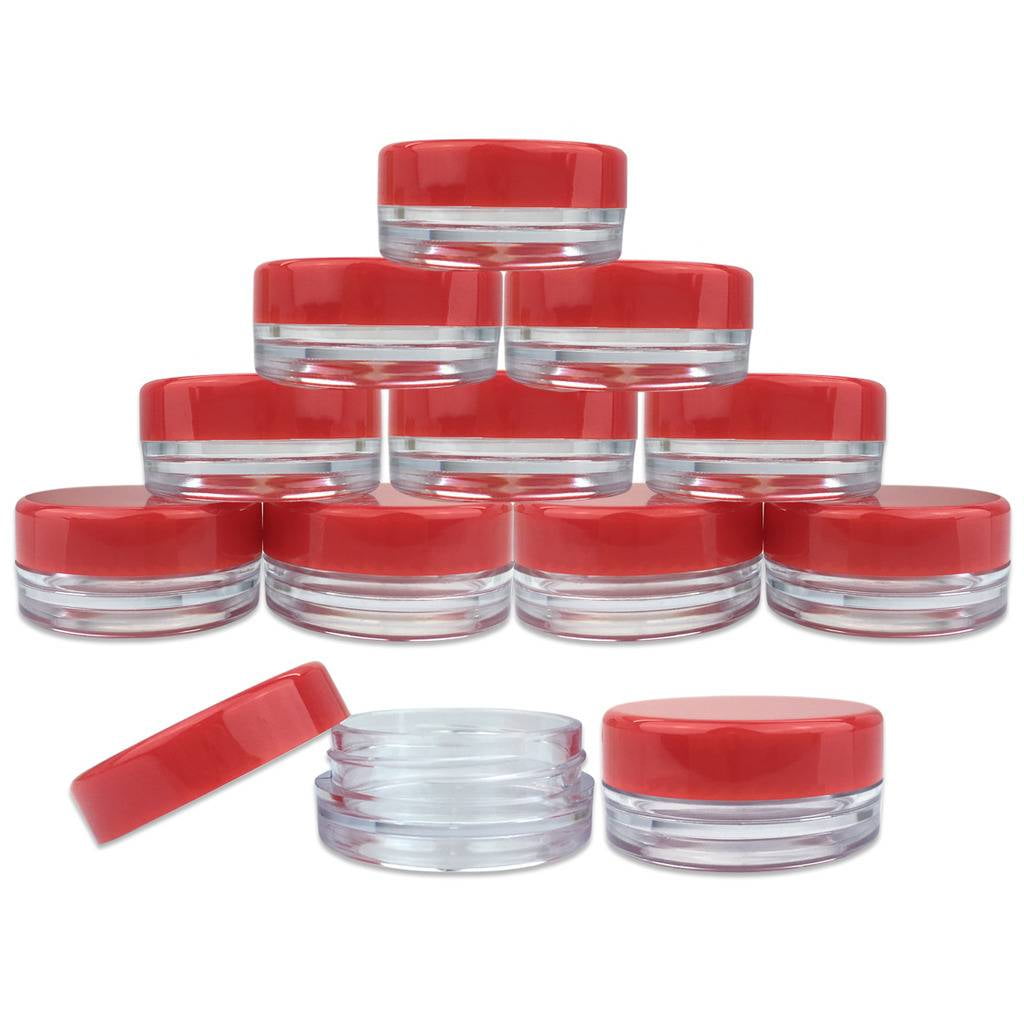 Beauticom 500 Pieces High Quality 3 Gram 3 ml (0.1 oz) Plastic Round Cosmetic Beauty Makeup Sample Jars (Red Lid)