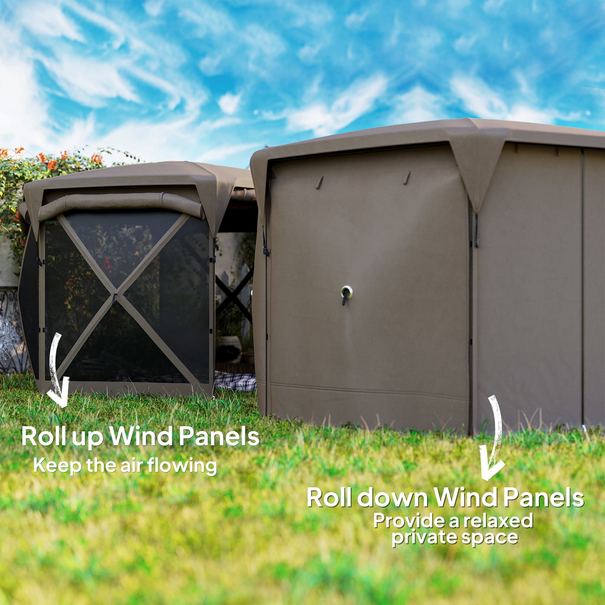 Outsunny 11 x 11ft Pop Up Gazebo Screen Tent with Removable Roof Cover, 4 Roll-up Wind Panels for Camping, Patio, Backyard, Lawn, Brown