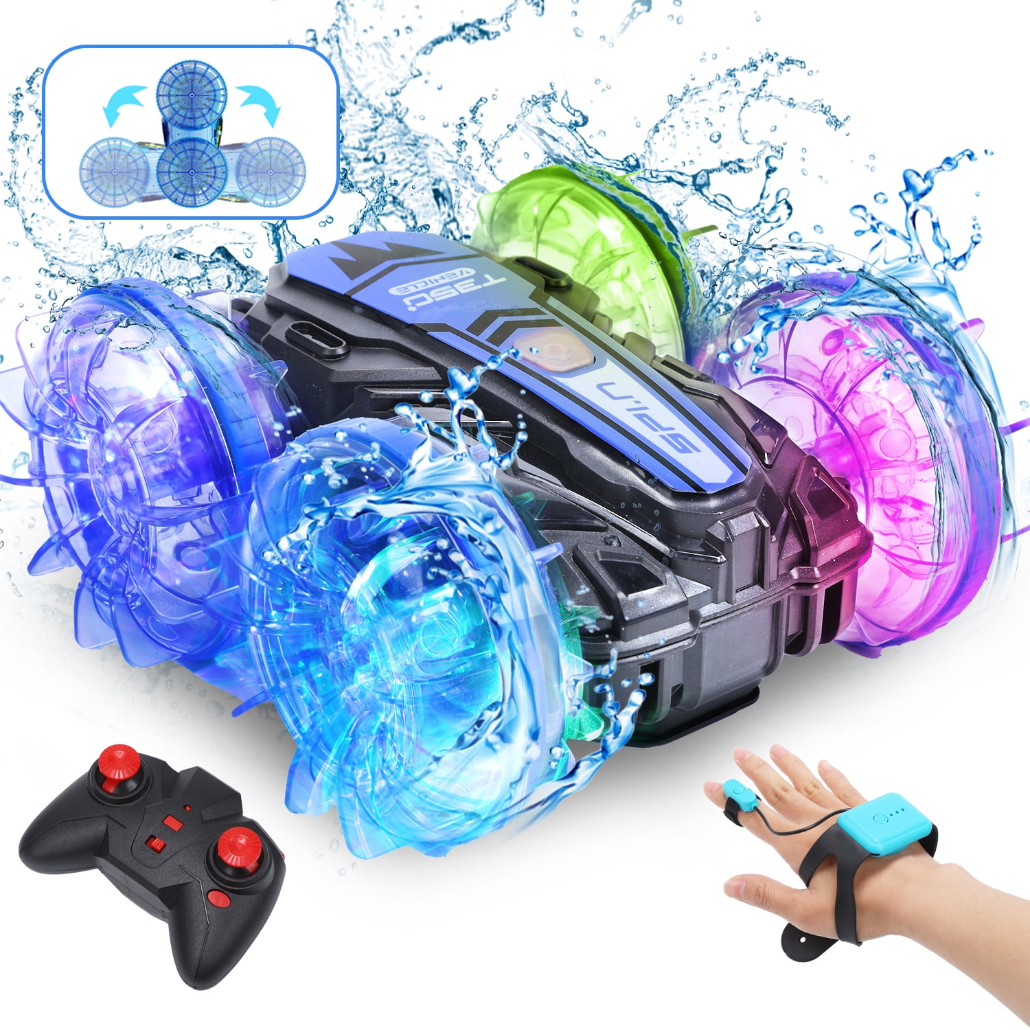 JoyStone Amphibious Remote Control Car Boat with LED Lights, 4WD RC Stunt Car Toy for Boys Girls, Water Beach Pool Toys for Kids Ages 8-12, Dark Blue