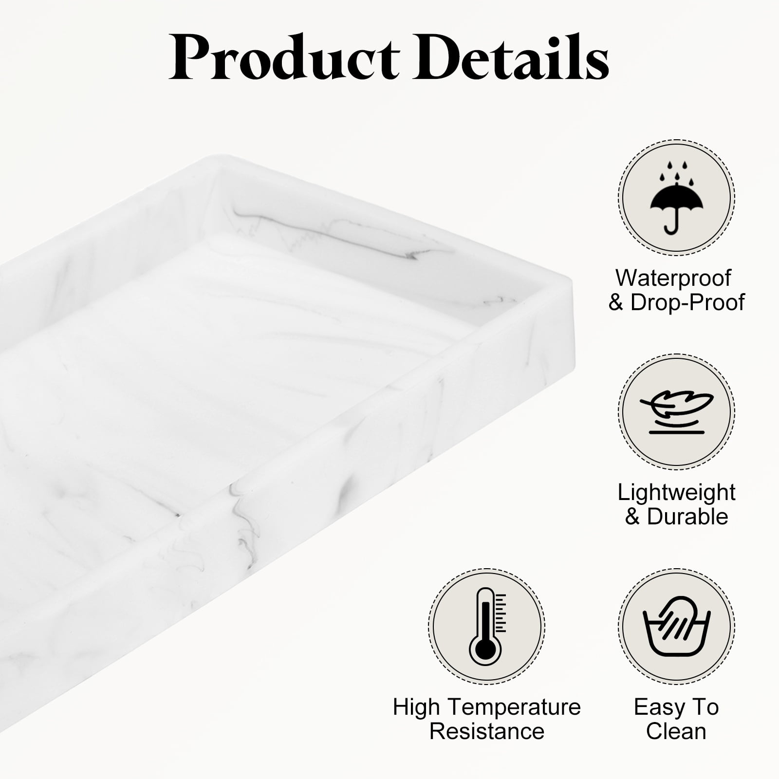 2Pcs Bathroom Vanity Tray, 7.9"x3.9" Silicone Soap Dispenser Trays, Marble White