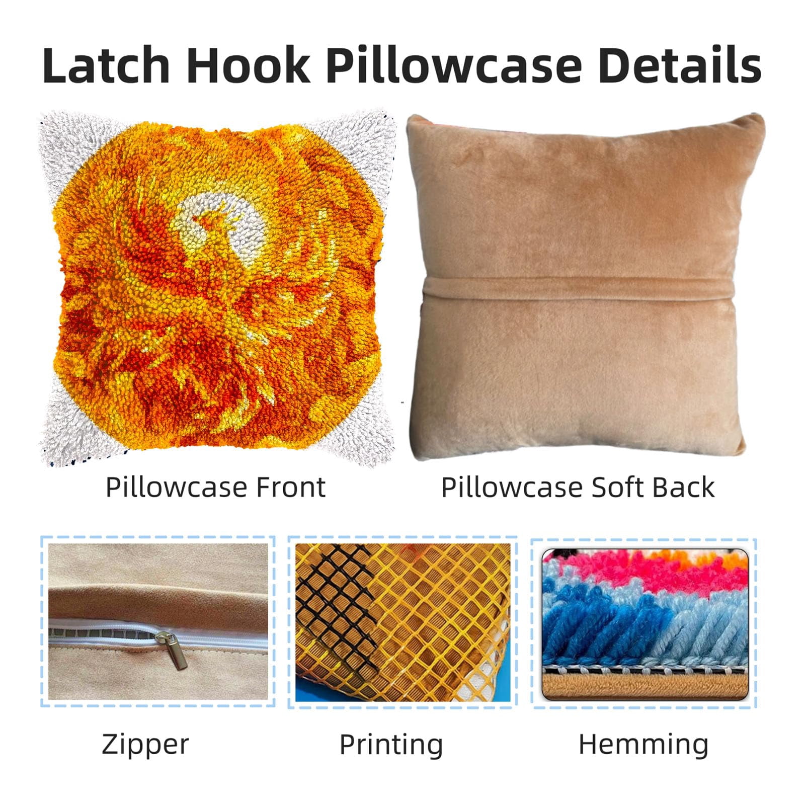 Golden Yellow Bird in Circle DIY Latch Hook Pillow Kits for Adults Printed Pillowcase Crochet Yarns Hooking Handmade Pillow Cover Cushion for Home Sofa Decoration 17x17inch(2)